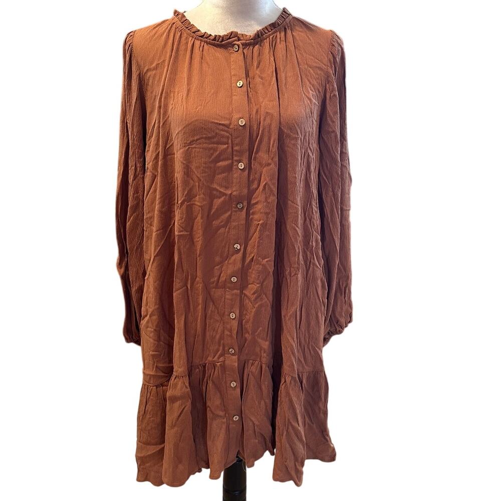 Wishlist Women's Brown Button Down Long Sleeve Shirt Dress Pockets M/L NWOT